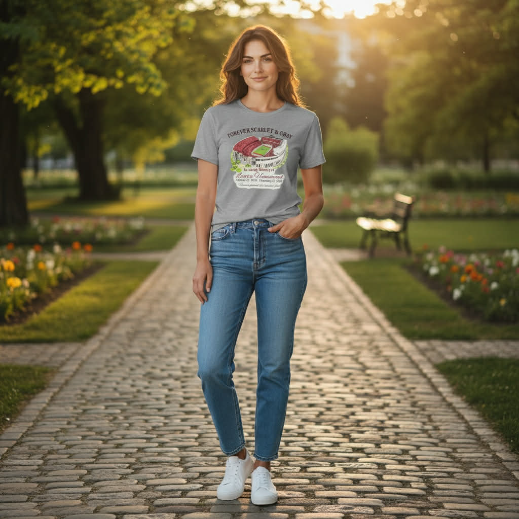 Woman wearing a gray t-shirt with a graphic design and blue jeans standing on a cobblestone path in a park.