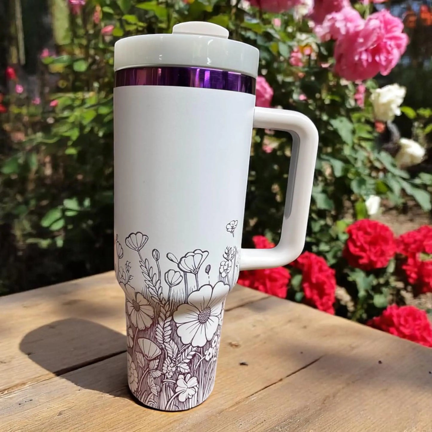 Floral 40oz Tumbler: White Insulated Cup with Purple Flowers Handmadeohio