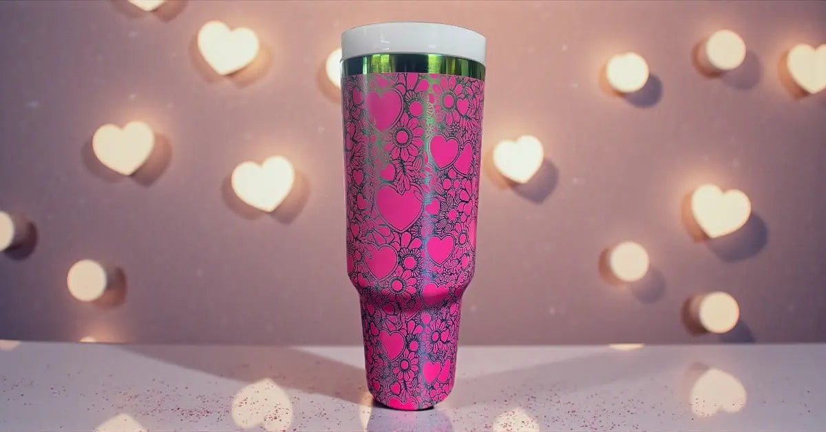 Pink Heart & Floral Laser-Engraved 40oz Tumbler with Handle - Handmadeohio