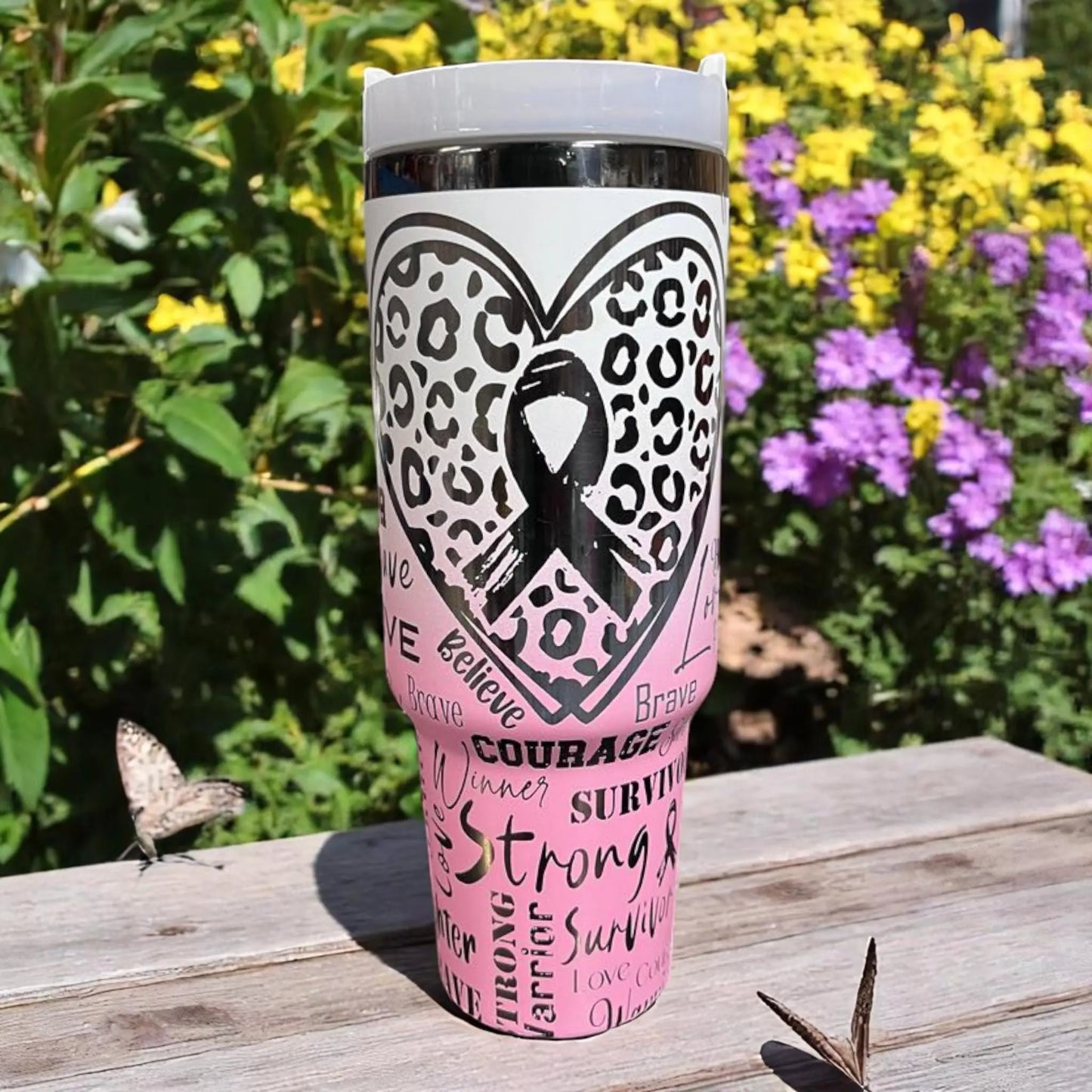 Breast Cancer Survivor Tumbler 40oz: Pink Ribbon Insulated Stainless Steel Travel Mug Handmadeohio