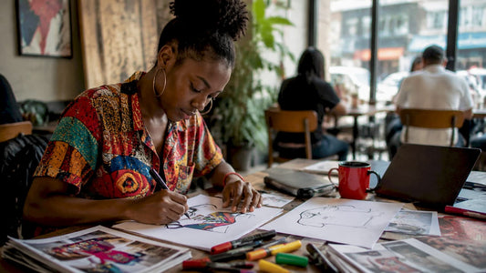 Designer sketching custom t-shirt layouts at table