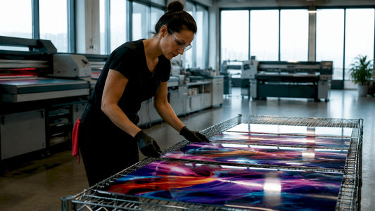 Technician curing UV ink on flatbed printer