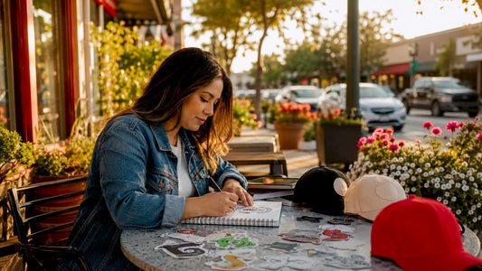 Business owner reviewing custom merch designs at desk