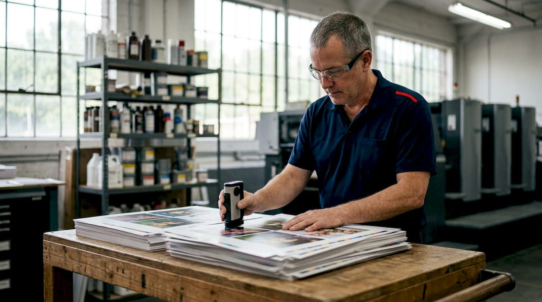 Print technician measuring ink density on press sheets