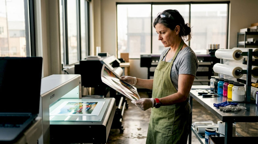 Small business owner inspecting freshly printed UV DTF decal