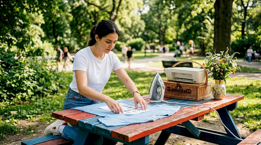 Woman applying iron-on transfer to shirt at home