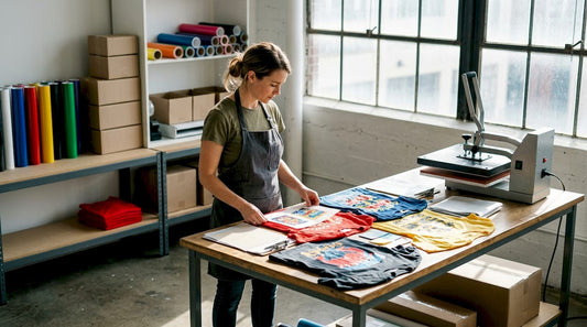 Small business owner arranging custom print apparel