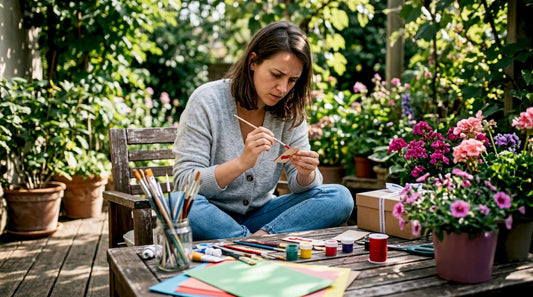 Woman crafting DIY gift with custom printed gift nearby