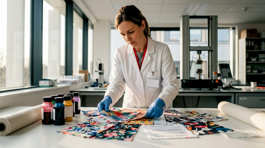Technician examining printed fabrics for washability