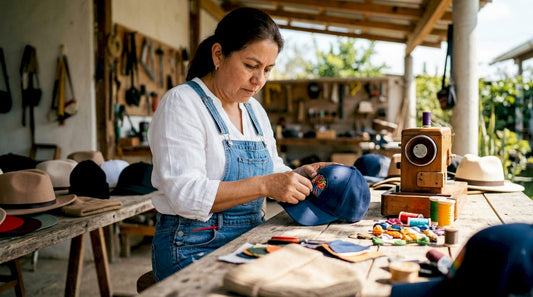 Woman applying embroidery patch on hat