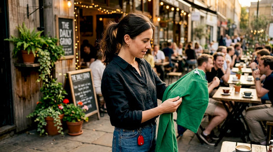 Small business owner inspecting custom branded hoodie