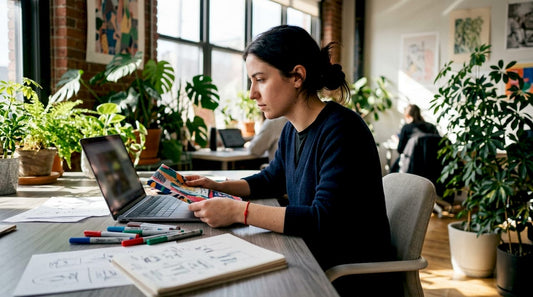 Woman reviewing custom shirt artwork on tablet