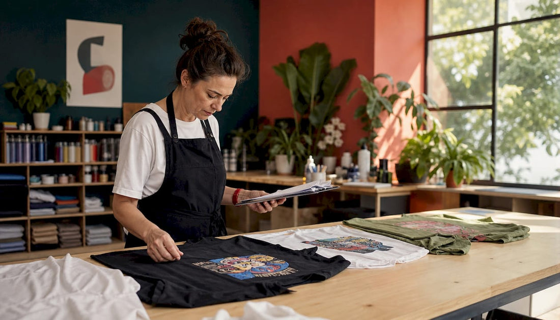 Designer evaluating custom apparel print placement