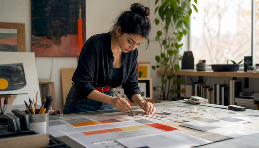Designer arranging gang sheet layouts on large sheet