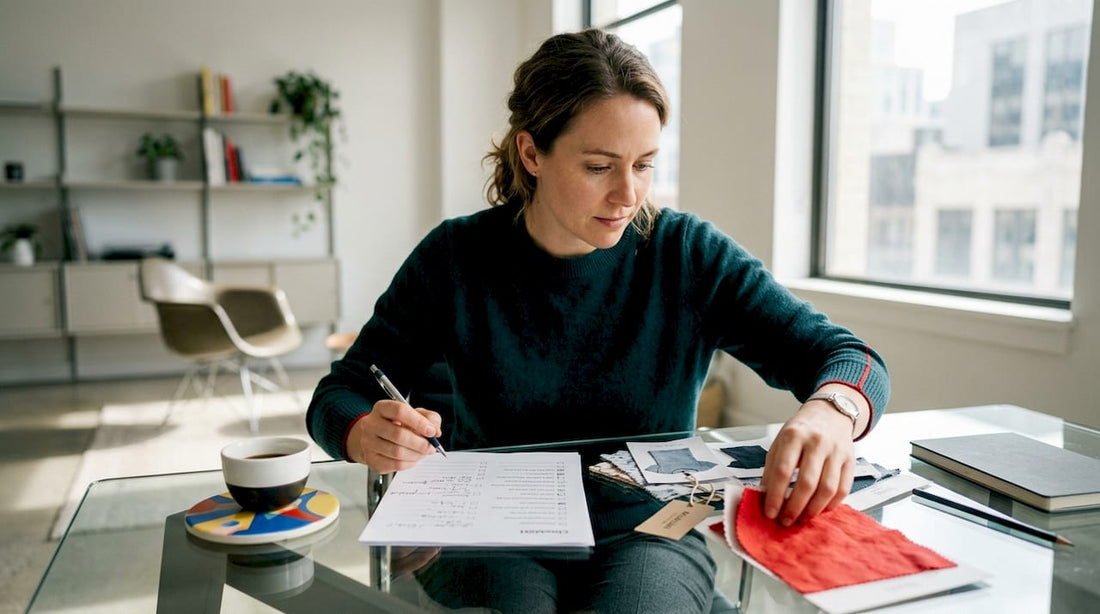 Business owner reviewing custom apparel checklist and samples