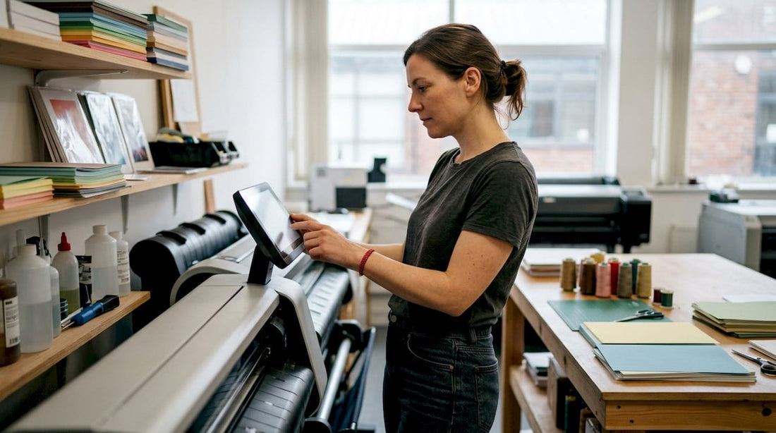 Small business owner adjusting in-house printer