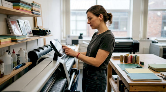 Small business owner adjusting in-house printer