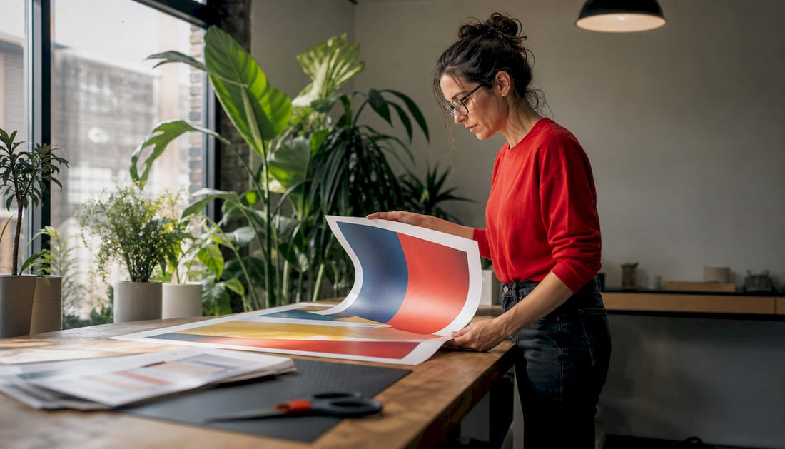 Graphic designer aligning vinyl print on workbench
