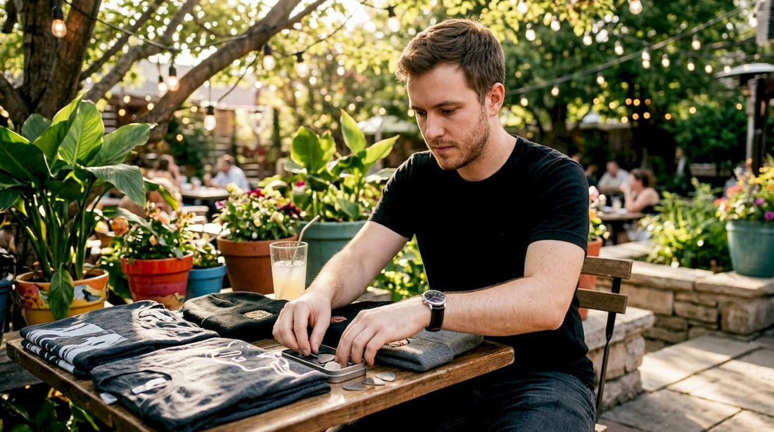 Musician arranging band merchandise at home studio