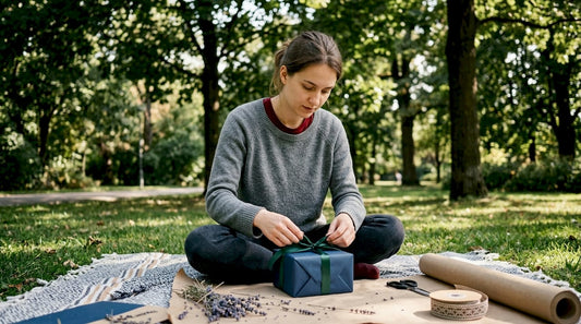 Woman wrapping gift with personalized materials