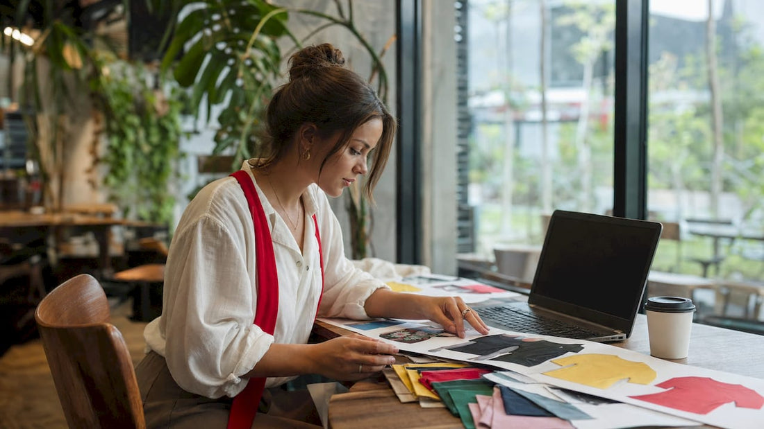 Woman arranging custom apparel designs at home workspace
