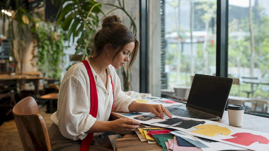 Woman arranging custom apparel designs at home workspace
