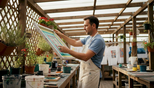 Small business owner inspecting screen printing frame