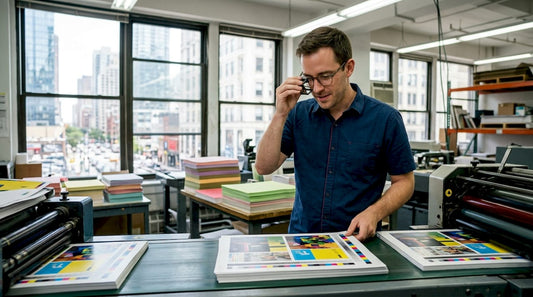 Print technician inspecting full color prints