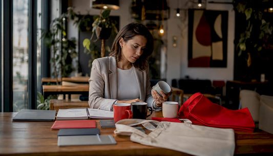 Marketing manager reviewing branded promotional products