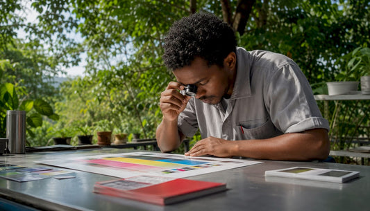 Technician inspecting color separation print