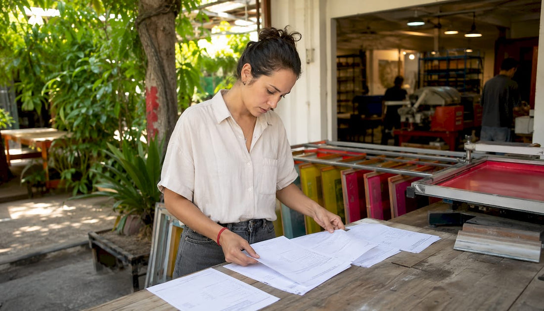 Print shop manager reviewing setup fees