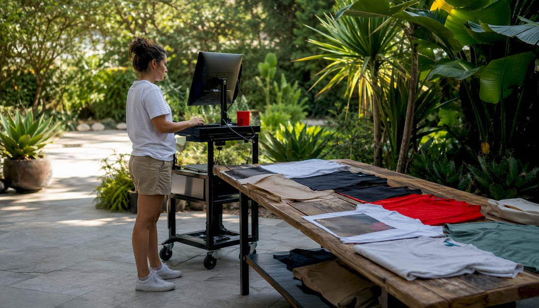 Print technician reviewing digital and printed apparel
