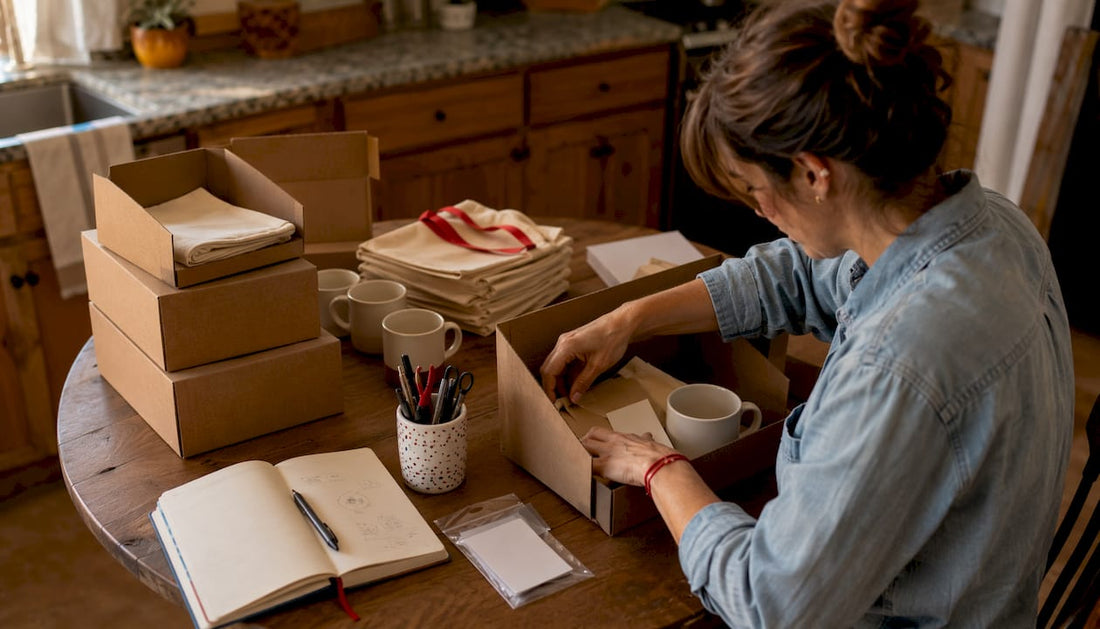 Person packing small business event merchandise