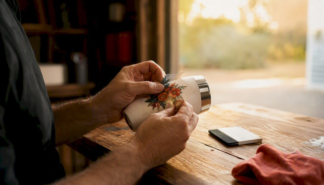 Hands applying brand decal to tumbler