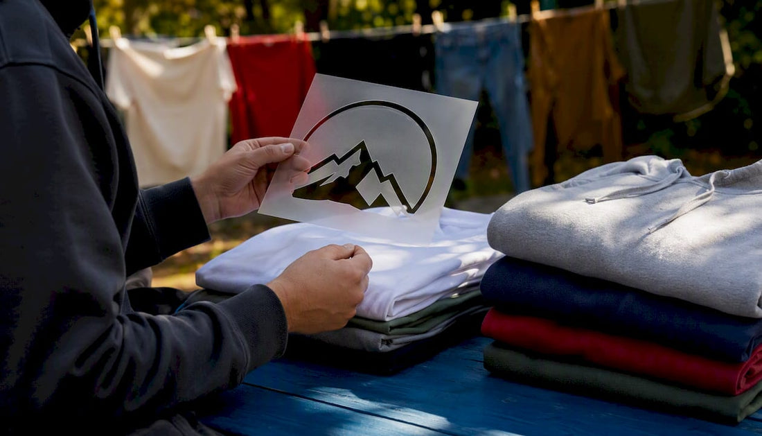 Hands positioning logo stencil over folded apparel