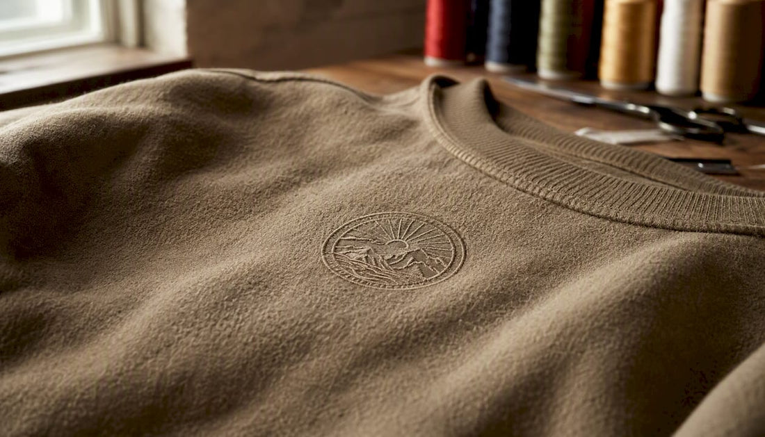 Close-up of embroidered crewneck chest patch