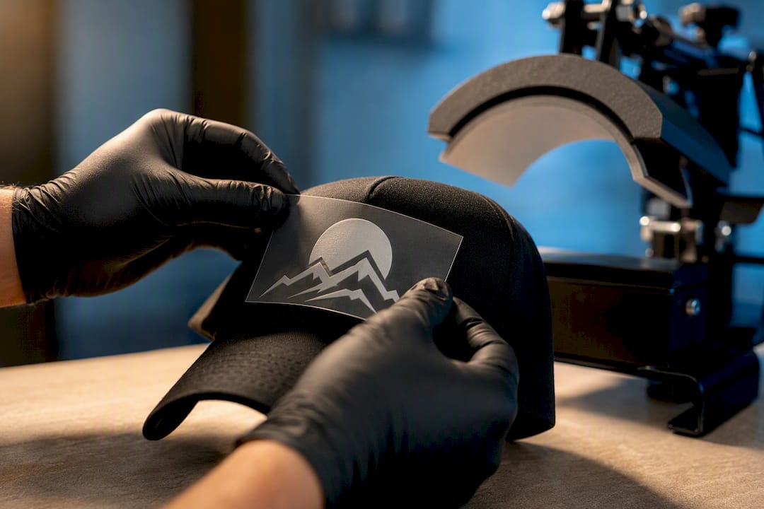 DTF transfer positioned on curved cap front
