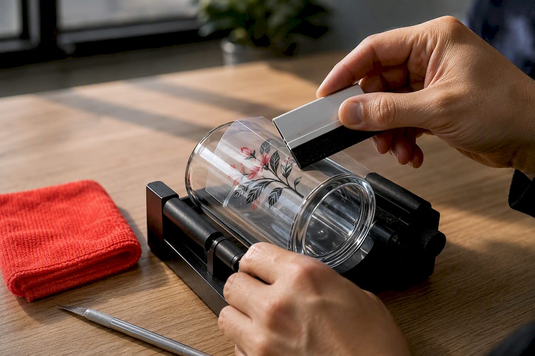 Applying UV DTF decal to curved glass