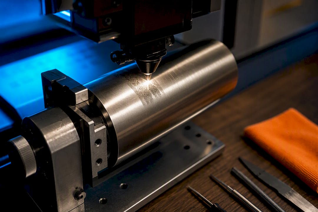 Laser engraving a tumbler in workshop