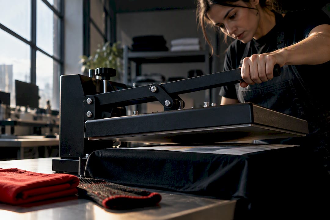Heat press applying DTF transfer to polyester