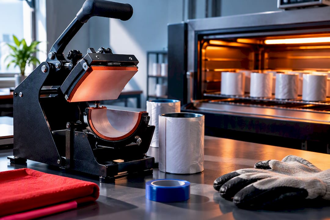 Anonymous mug press and sublimation oven workspace