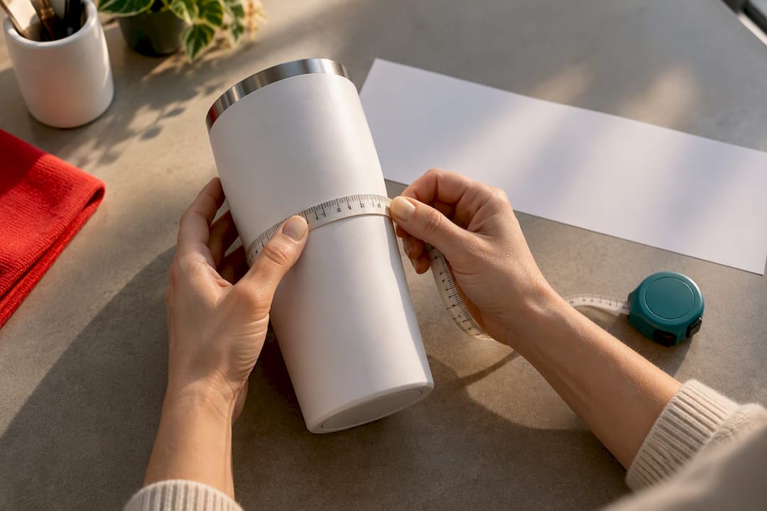 Hands measuring a tumbler wrap circumference