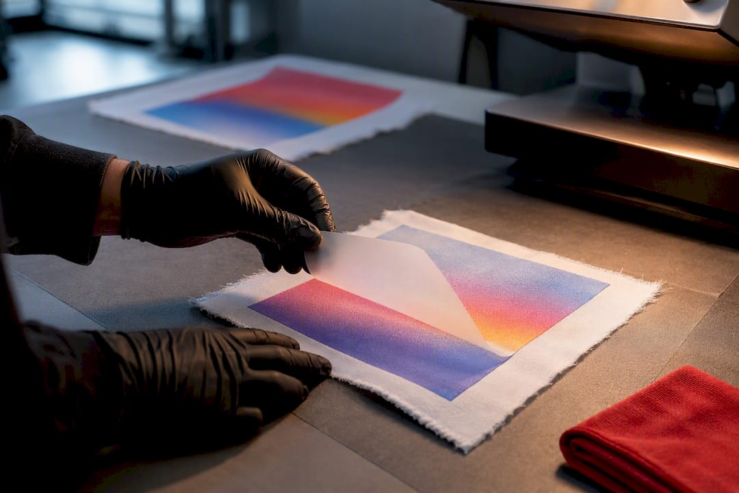 Carrier film lifted from pressed cotton swatch