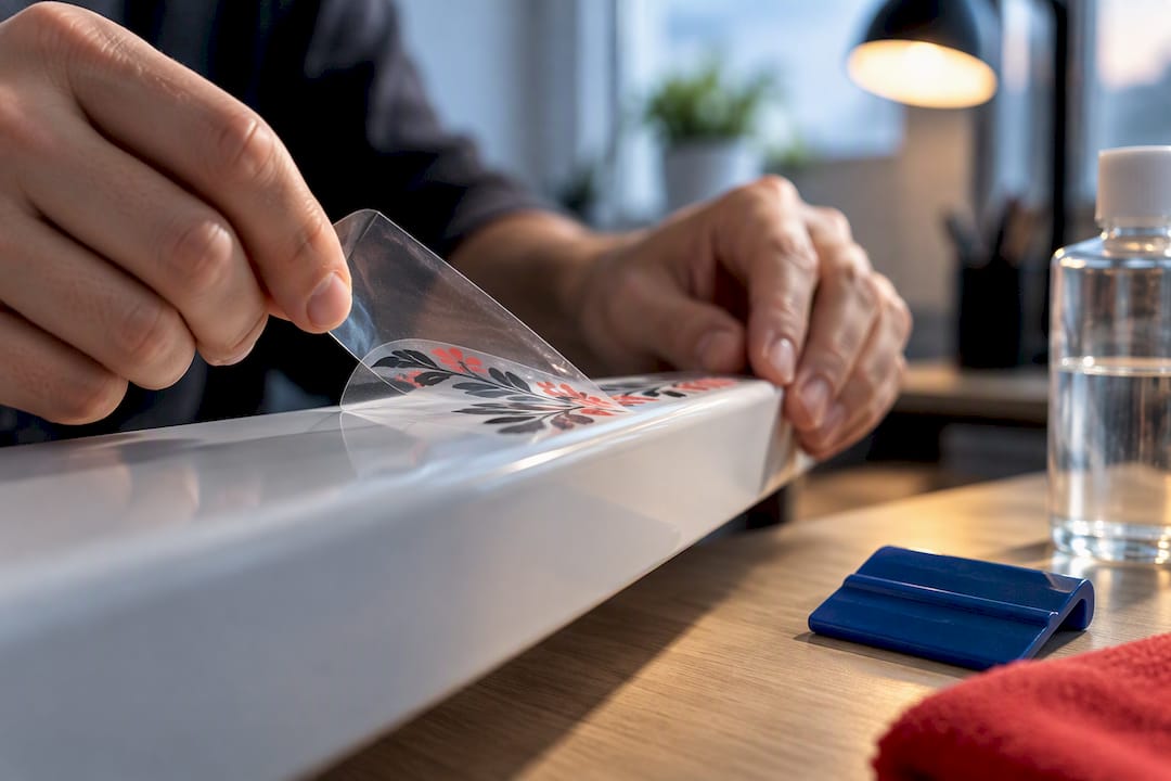 Hands applying UV DTF decal to hard surface