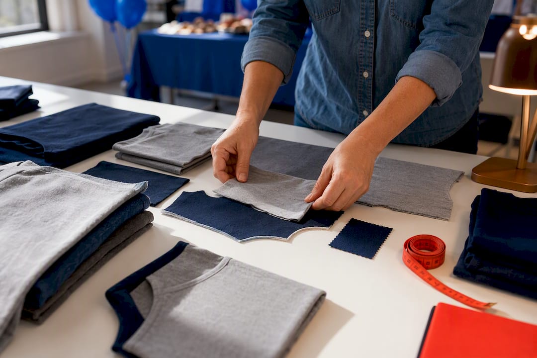 Planning table with cropped fundraiser shirt materials