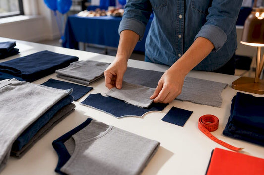 Planning table with cropped fundraiser shirt materials