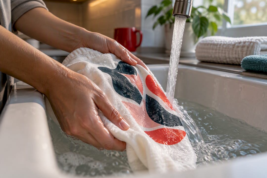 Hands rinsing a DTF printed textile panel