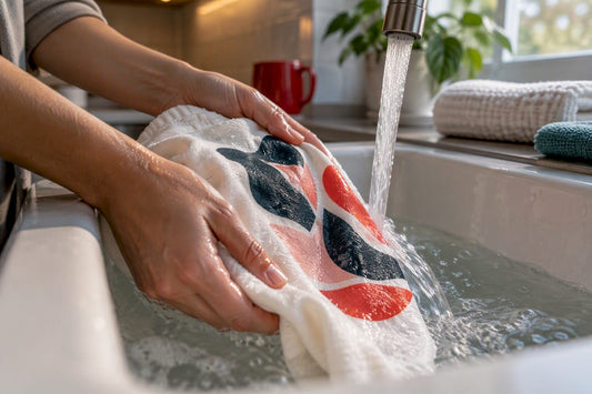 Hands rinsing a DTF printed textile panel