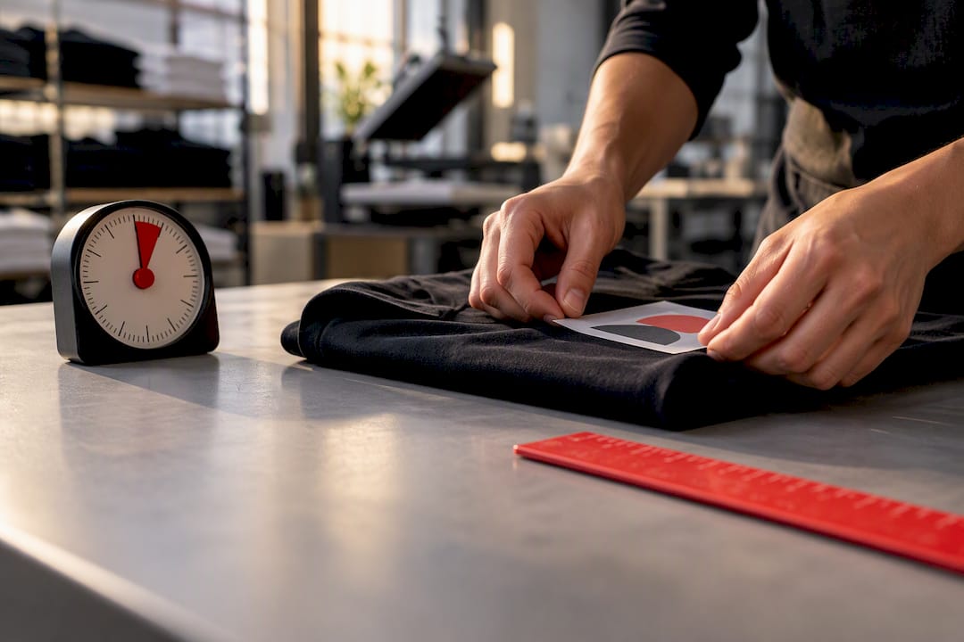 Hands aligning custom apparel transfer