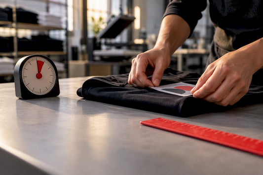 Hands aligning custom apparel transfer